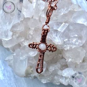 Wire Wrapped Copper Cross Pendant with Moonstone